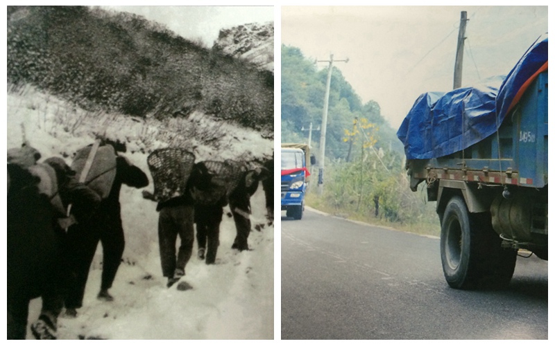 過去獨龍族群眾人背馬馱翻越雪山，如今交通改善滾滾車流朝發夕至。