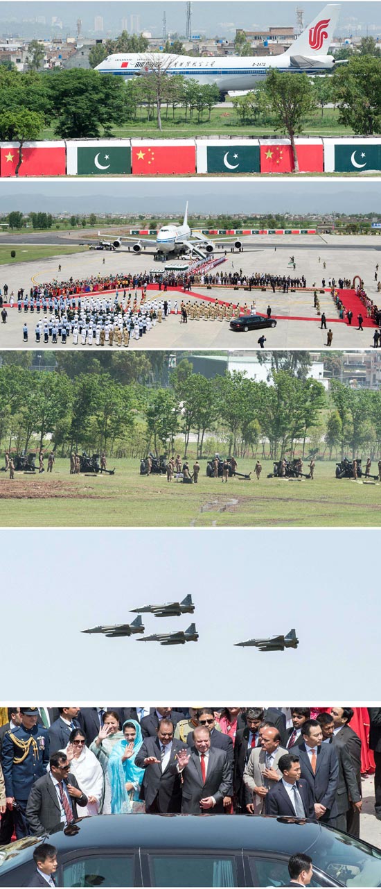 4月20日中午，國家主席習近平抵達伊斯蘭堡，開始對巴基斯坦進行國事訪問。巴方在機場舉行隆重的歡迎儀式（拼版照片）。 新華社記者 王曄攝
