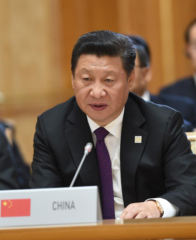 7月9日，金磚國家領導人第七次會晤在俄羅斯烏法舉行。中國國家主席習近平、俄羅斯總統普京、巴西總統羅塞夫、印度總理莫迪、南非總統祖馬出席。這是習近平發表題為《共建伙伴關系　共創美好未來》的主旨講話。新華社記者 饒愛民 攝