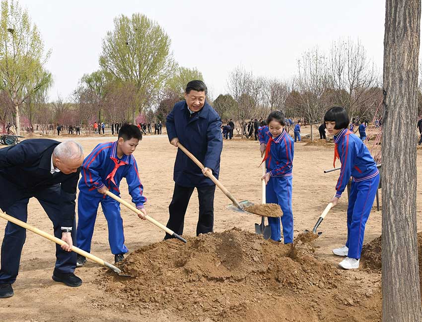 4月8日，黨和國家領導人習近平、栗戰書、汪洋、王滬寧、趙樂際、韓正、王岐山等來到北京市通州區永順鎮參加首都義務植樹活動。這是習近平同大家一起植樹。新華社記者 謝環馳 攝