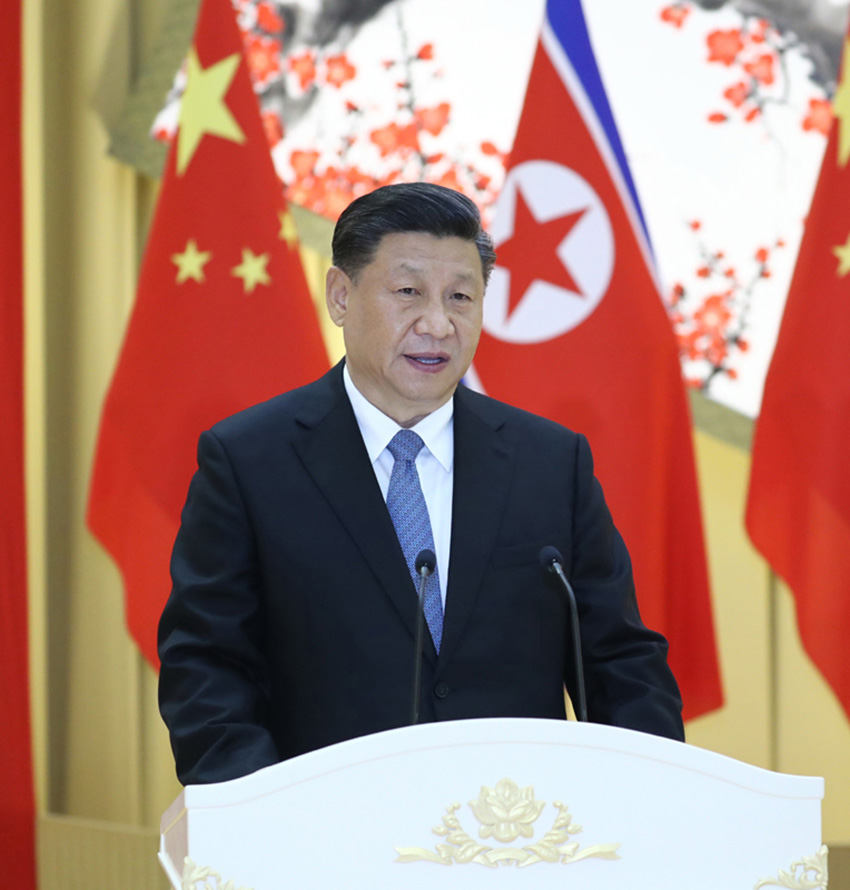 6月20日，中共中央總書記、國家主席習近平出席朝鮮勞動黨委員長、國務委員會委員長金正恩在平壤木蘭館舉行的歡迎宴會。這是習近平在宴會上致辭。 新華社記者 鞠鵬 攝