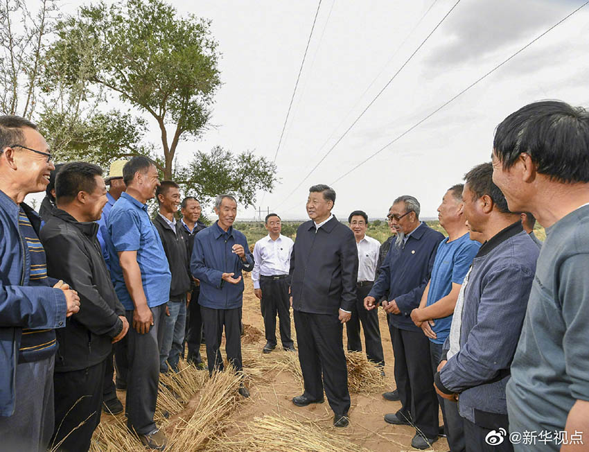 8月19日至22日，中共中央總書記、國家主席、中央軍委主席習近平在甘肅考察。這是21日上午，習近平在武威市古浪縣八步沙林場實地了解“草方格壓沙”作業。 新華社記者 謝環馳 攝