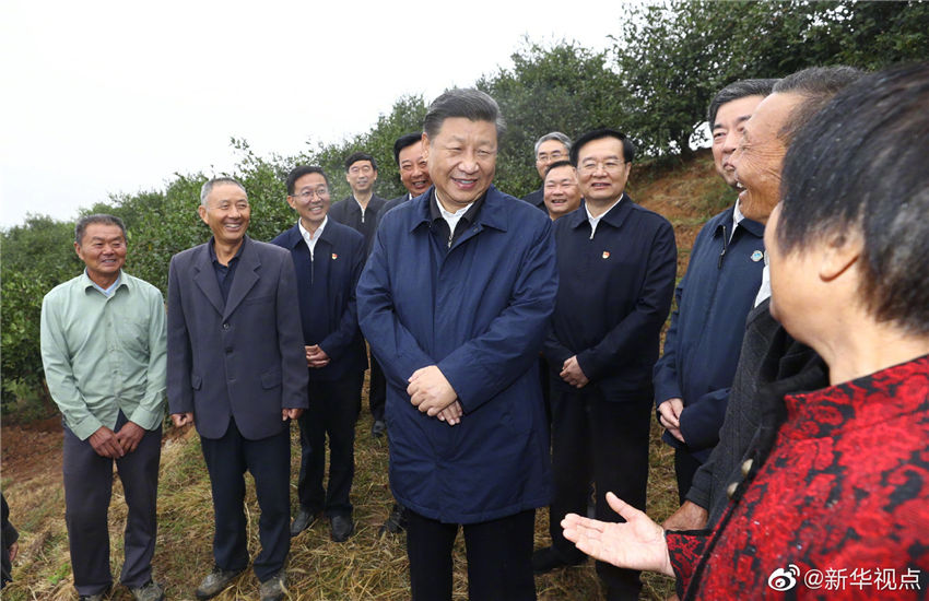 9月17日，中共中央總書記、國家主席、中央軍委主席習近平前往河南省光山縣司馬光油茶園和文殊鄉東岳村，考察調研當地脫貧攻堅工作成效和中辦在光山縣扶貧工作情況，看望慰問老區群眾。這是習近平在司馬光油茶園同農民親切交流。 新華社記者 鞠鵬 攝