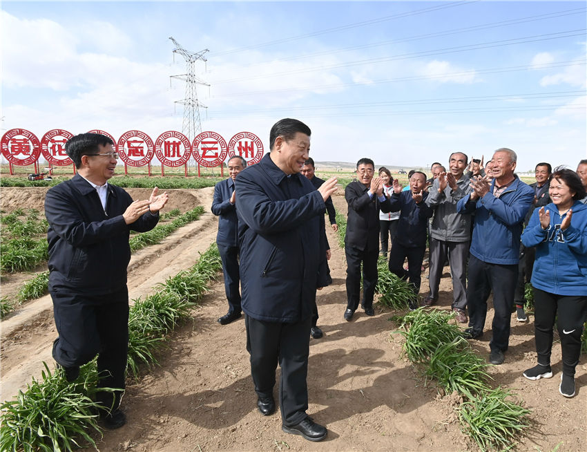 5月11日下午，正在山西考察的習近平總書記來到大同市雲州區有機黃花標準化種植基地，步入田間察看黃花長勢，同正在勞作的村民親切交談。（攝影記者：李學仁、謝環馳、劉彬）