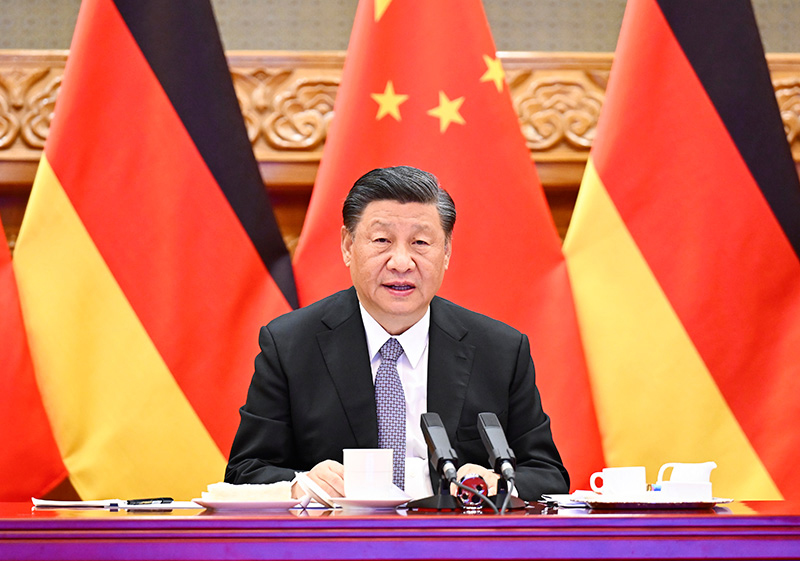 5月9日下午，國家主席習近平在北京同德國總理朔爾茨舉行視頻會晤。 新華社記者 李學仁 攝