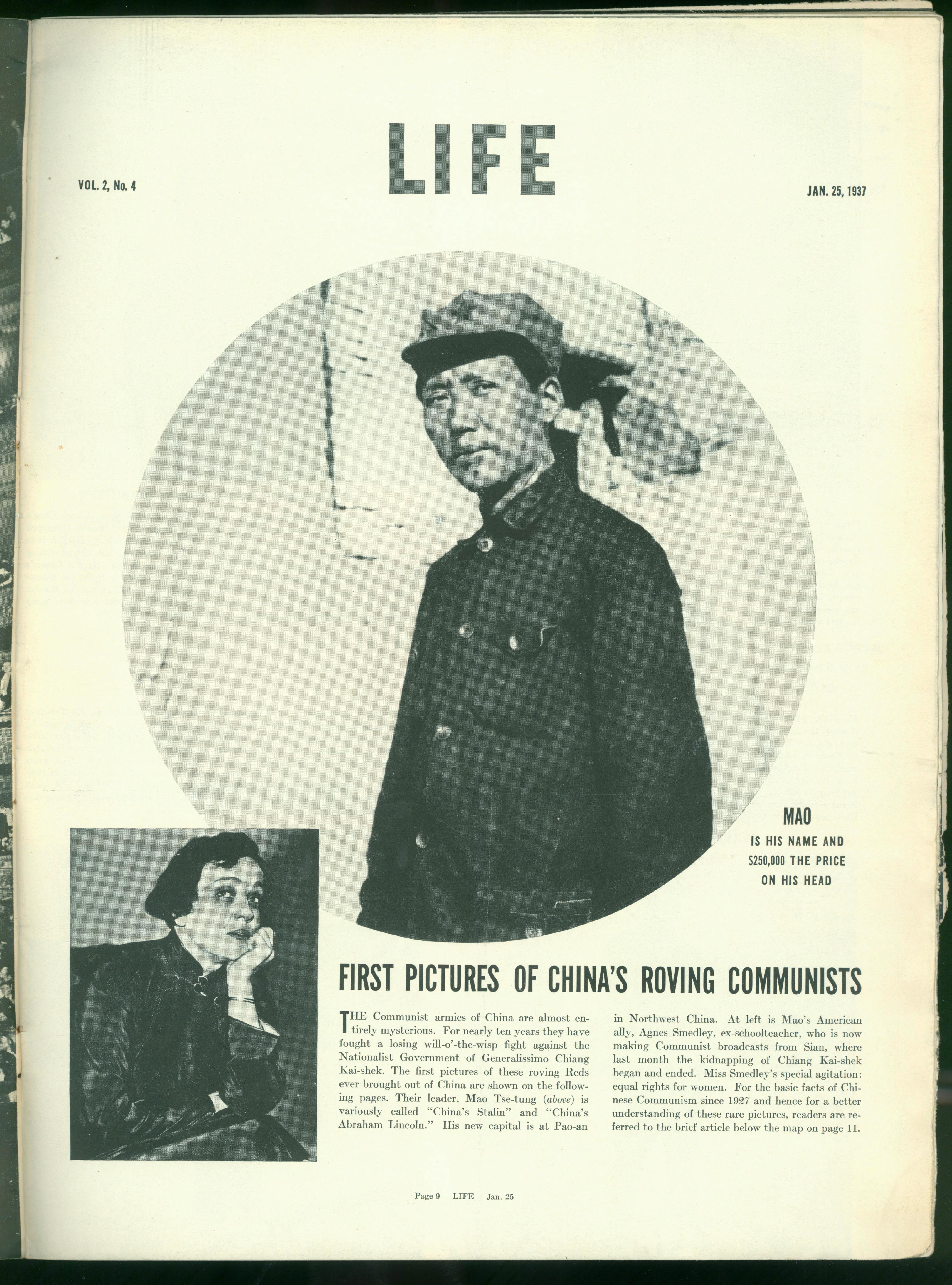 1937年1月25日，美國《生活》周刊刊登毛澤東照片，照片右下方寫著一行字：“毛，這是他的名字，他的人頭價值25萬元?！?></p>
<p style=