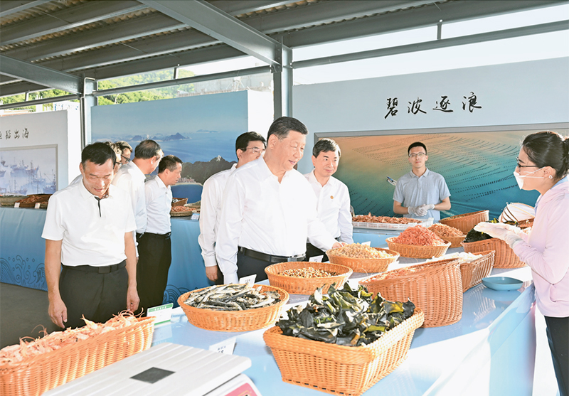 2024年10月15日至16日，中共中央總書記、國家主席、中央軍委主席習近平在福建考察。這是15日下午，習近平在漳州市東山縣陳城鎮澳角村考察時，了解海鮮干貨和漁獲產品交易情況。 新華社記者 謝環馳/攝